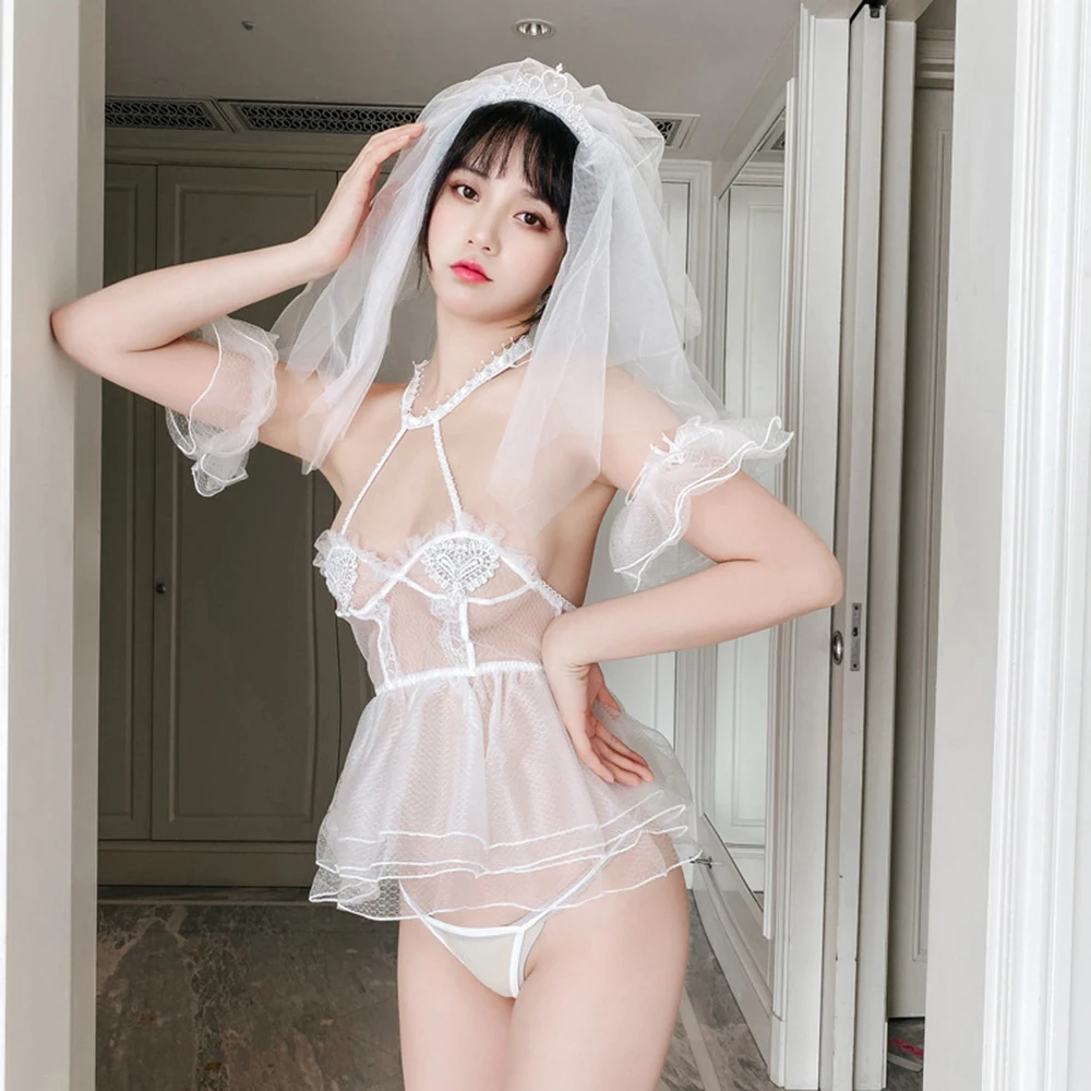 

White Wedding Dress Sexy Lingerie Transparent Uniform Temptation Slutty Clothes Marriage Fantasy Lingerie Bridal Up Passion Set