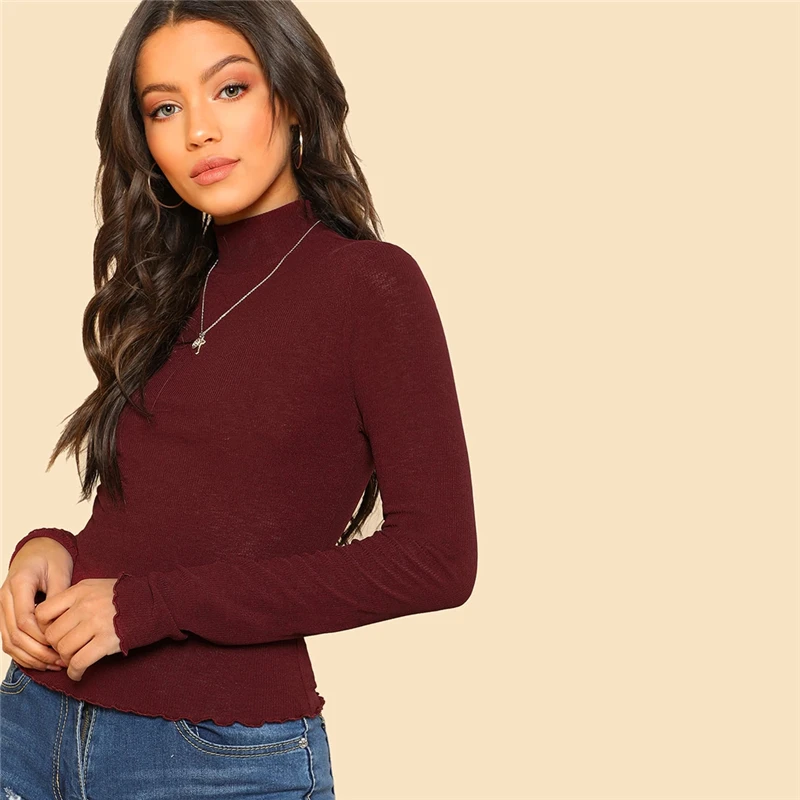 SHEIN Однотонная Водолазка С Высоким Воротником, Топ С Длинными Рукавами