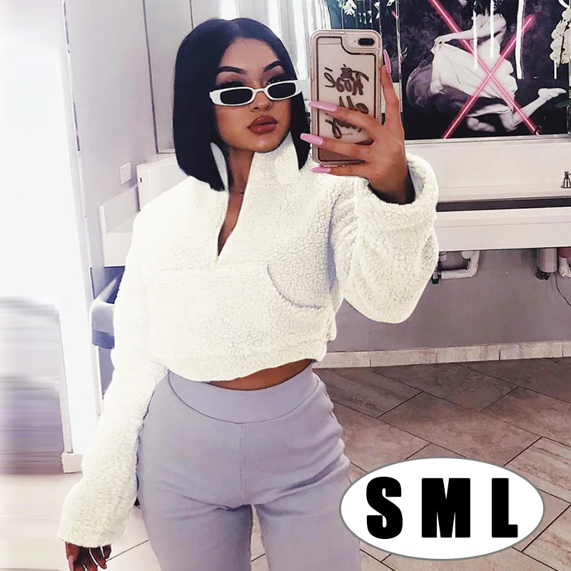 

Long Sleeve Zipper Pocket Patchwork Faux Lambswool Crop Tops Autumn Winter Women Streetwear Solid Coat Jacket