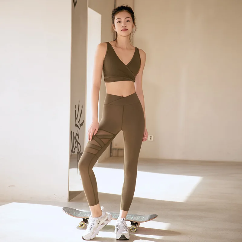 

new high waist tight Yoga suit women's summer mesh stitching breathable Sports Fitness leggings Yoga set seamless active XL
