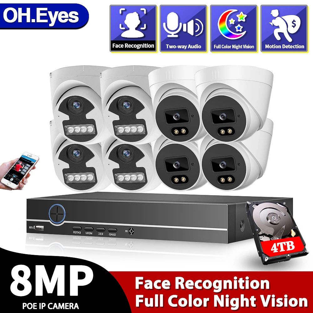 

4K 8MP камера видеонаблюдения 8CH POE NVR Smart AI Face купольная камера для помещений двухсторонний аудио рекордер цветная Ночная система безопасности