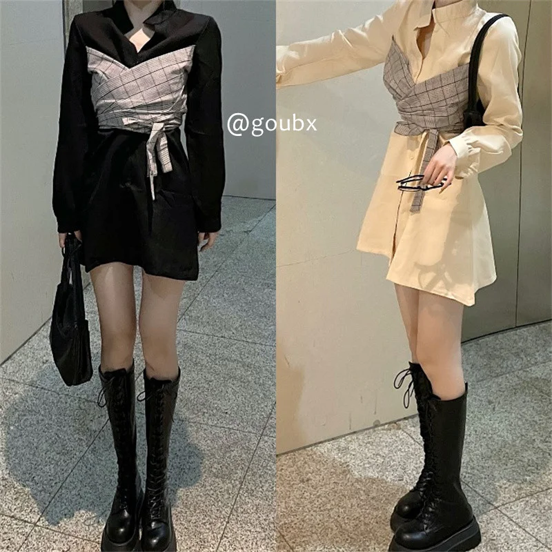 

Женское платье из двух предметов в стиле пэчворк на шнуровке, новинка 2021, маленькая одежда для ранней осени, юбка с красивым дизайном