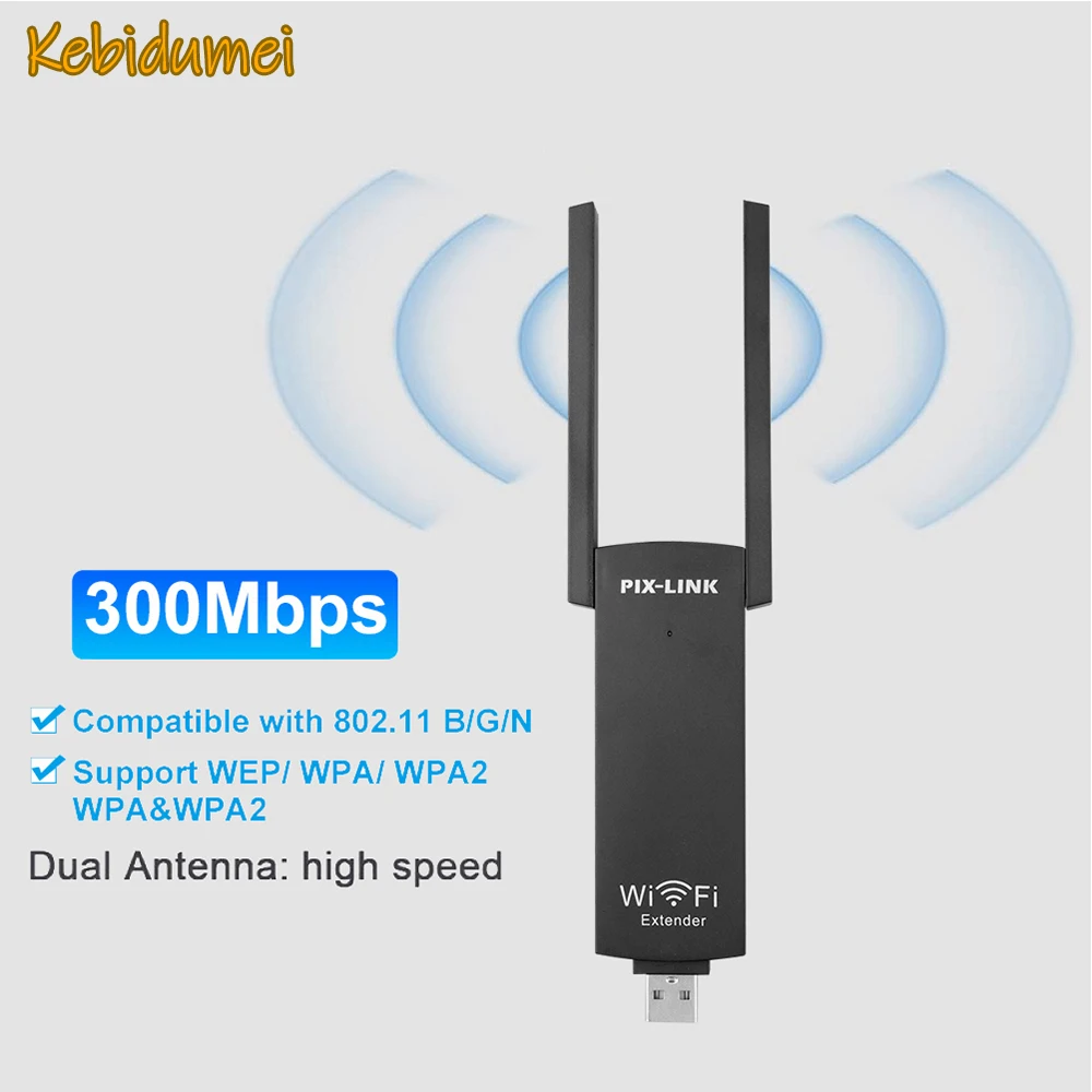 Kebidumei-repetidor de red inalámbrico de 300Mbps, antena Dual, enrutador de cobertura amplia de alta velocidad, extensor de señal WiFi USB portátil