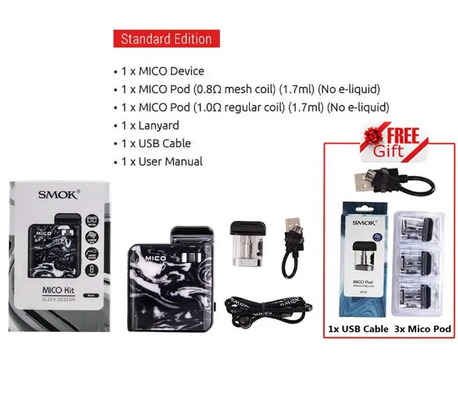 Black 2 Gifts Распродажа! комплект SMOK Mico, электронная сигарета, аккумулятор 700 мАч, электронная сигарета, анти-протекающая сигарета, картридж, катушка VS NORD RPM40 - Цвет: Black 2 Gifts