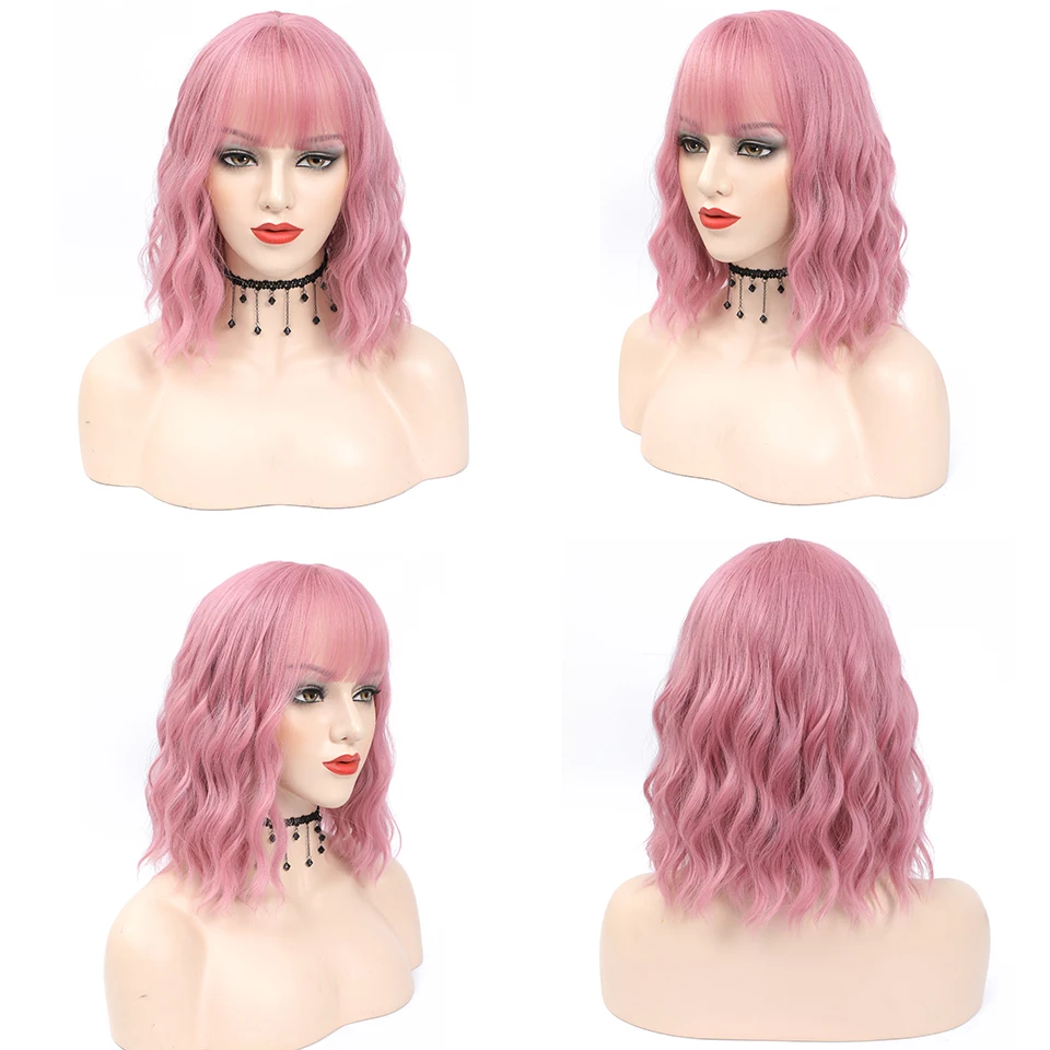 

Short Human Hair Wigs With Bangs For Black Women Bob Wig Loose Body Wave Natural Color Lighlight DarK Brown Pink Wig 150 Density