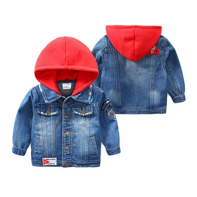 

Kids Spring Autumn Denim Coat Boy Red Cap Hooded Jeans Jacket Children Long Sleeve Tops Boys Outwear Jackets 2-8Y Coats Clothes