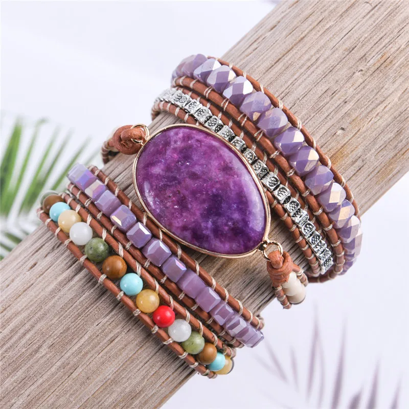 Leather Wrap Bracelet Natural Stone Beaded 5X Layers Statement Art Christmas Jewelry Gifts Drop Shipping | Украшения и аксессуары