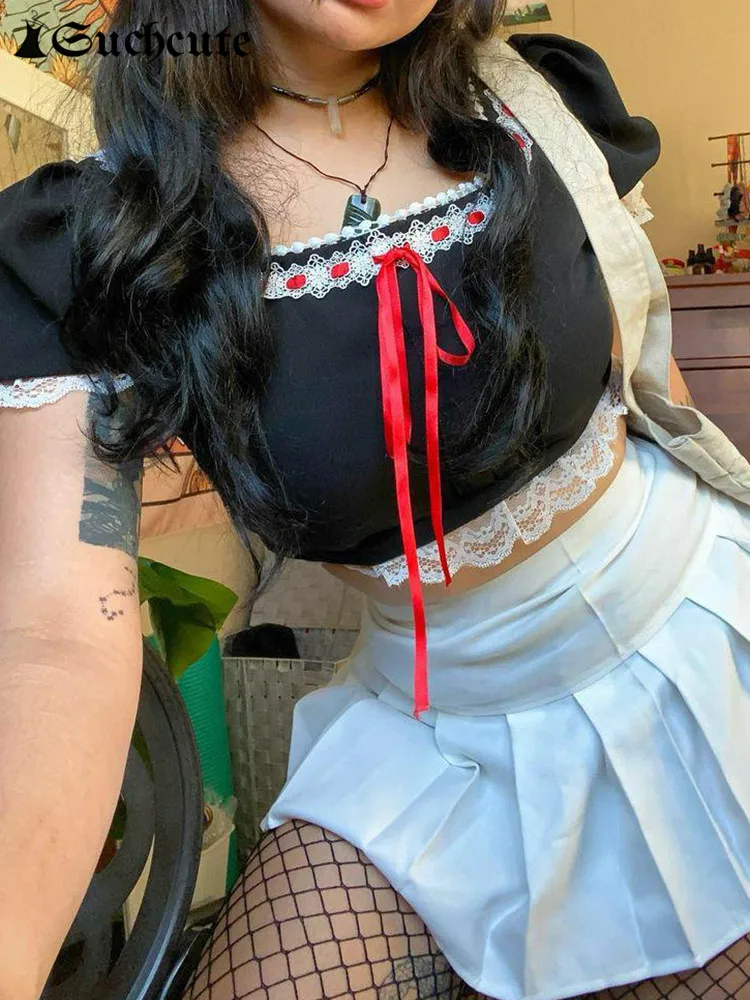 

SUCHCUTE Gothic Lace Patchwork Women T-shirts Vintage Grunge Fairycore Short Sleeve Crop Tops Y2K Cute Casual Streetwear Clothes