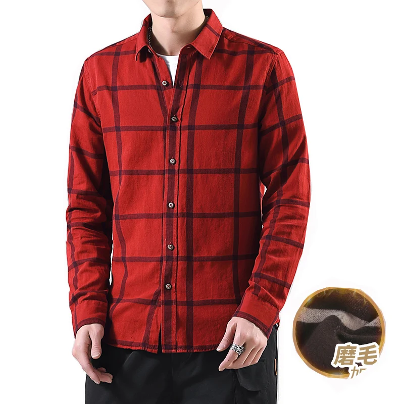 Повседневная Большая Клетчатая Мужская рубашка из 100% хлопка теплая зимняя
