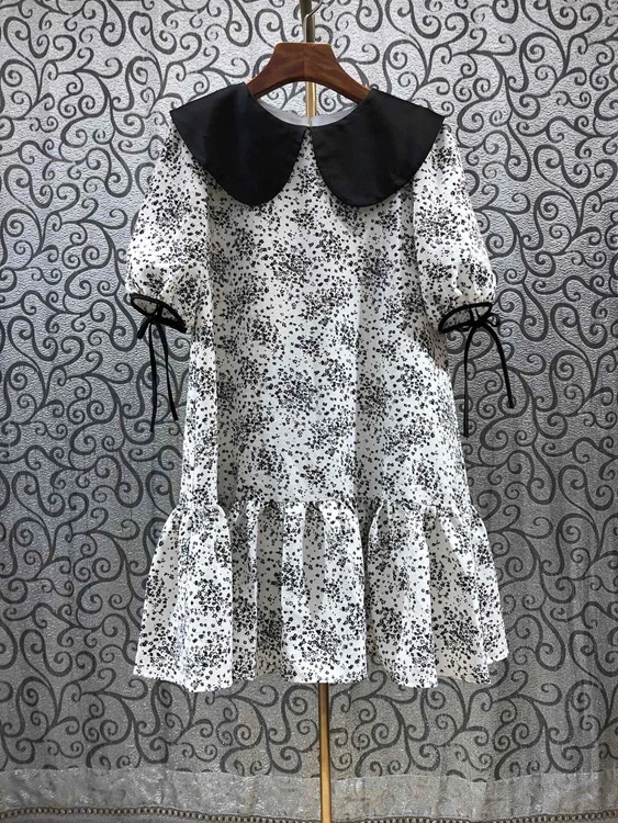 

Женское платье с коротким рукавом, платье с большим отложным воротником и декоративным принтом в виде листьев лотоса, модель 2021, 425