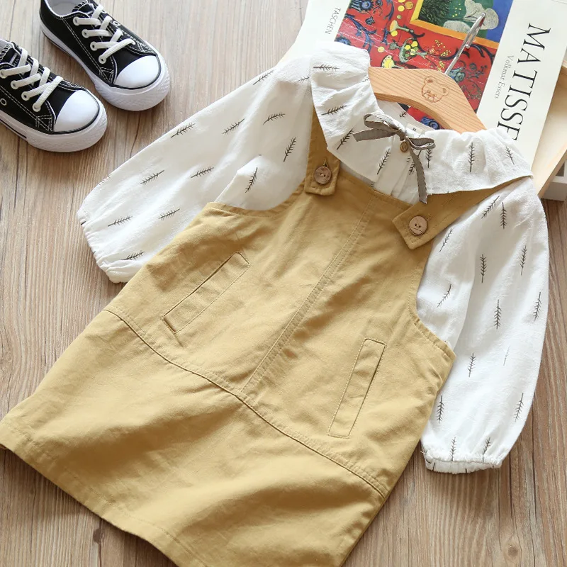 

Girls Printed Cotton Linen Long Sleeve Shirt+Suspender Skirt Suit Baby Shirt Sundress 2pc Spring Autumn New Style Girls Clothes