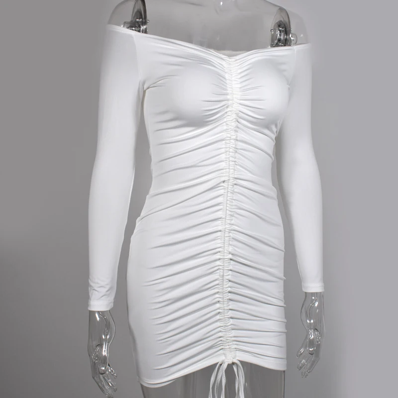 Невозьму 2 слоя осеннее платье Для женщин с открытыми плечами Drawstring Ruched Bodycon платье женские вечерние Клубные пикантные зимнее платье