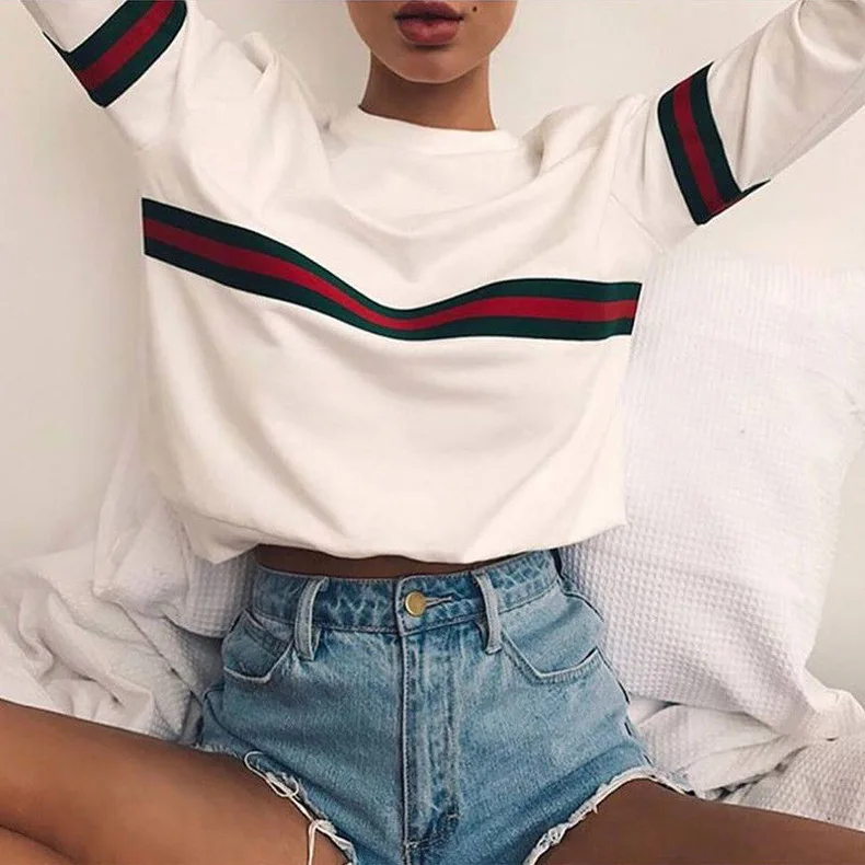 

Round Neck Loose and Thin Stitched Stripe Long Sleeve Round Neck Sweater Oversized Crewneck Sweatshirt Fashion Clothes Cropped