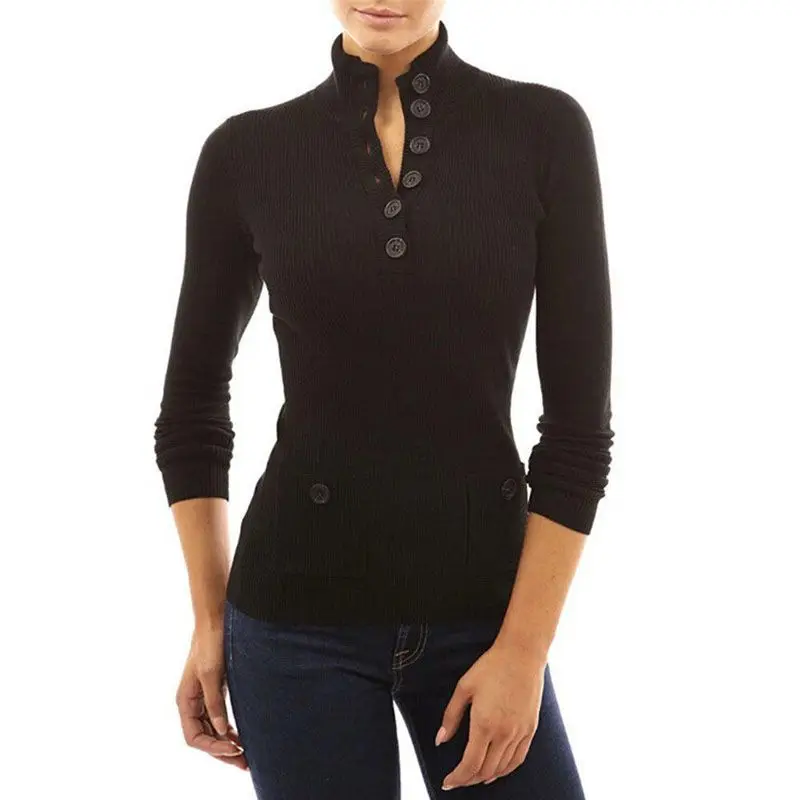 

Women Long-Sleeve Turtleneck Shirts Casual Slim Loose Fit Tops Knit Breathable Warm Sweater Button Pockets Spring Fall Blouses