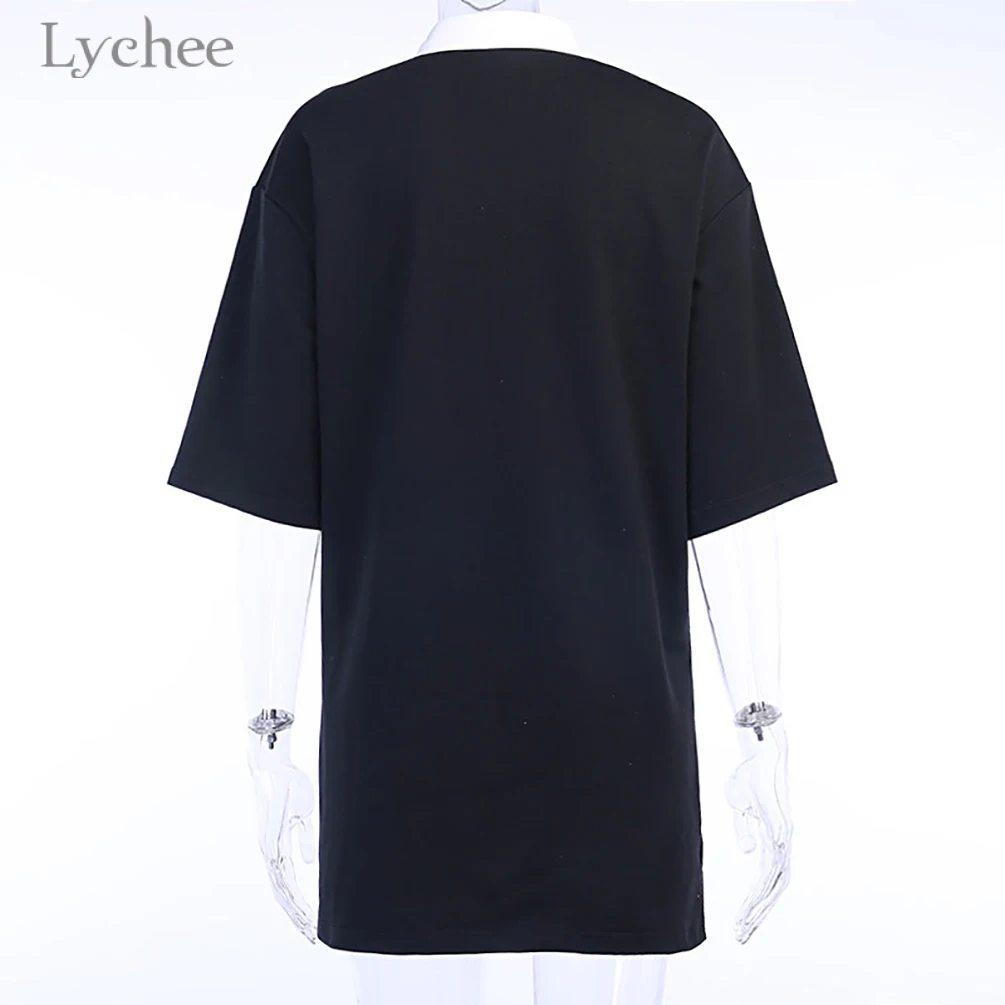 

Lychee Harajuku Dragon Print Patchwork Women Tshirts Buttons Short Sleeve Turn-down Collar T Shirt Loose Tops Streetwear