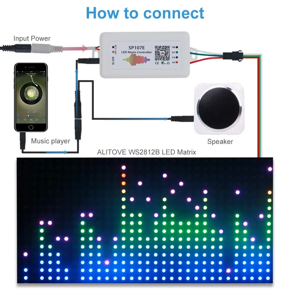 SP107E DC 5V-24V Bluetooth Music LED Controller full color RGB SPI Control by phone APP for 2812 2811 1903 Strip Light Tape | Лампы и