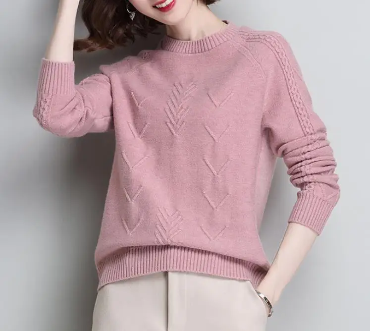 Pink Soft Cozy Cashmere Cotton Blend Embossing Pullover Sweater Autumn Winter Women Clothes Basic Jumper Pull Femme Pink Sweater - Color: Pink