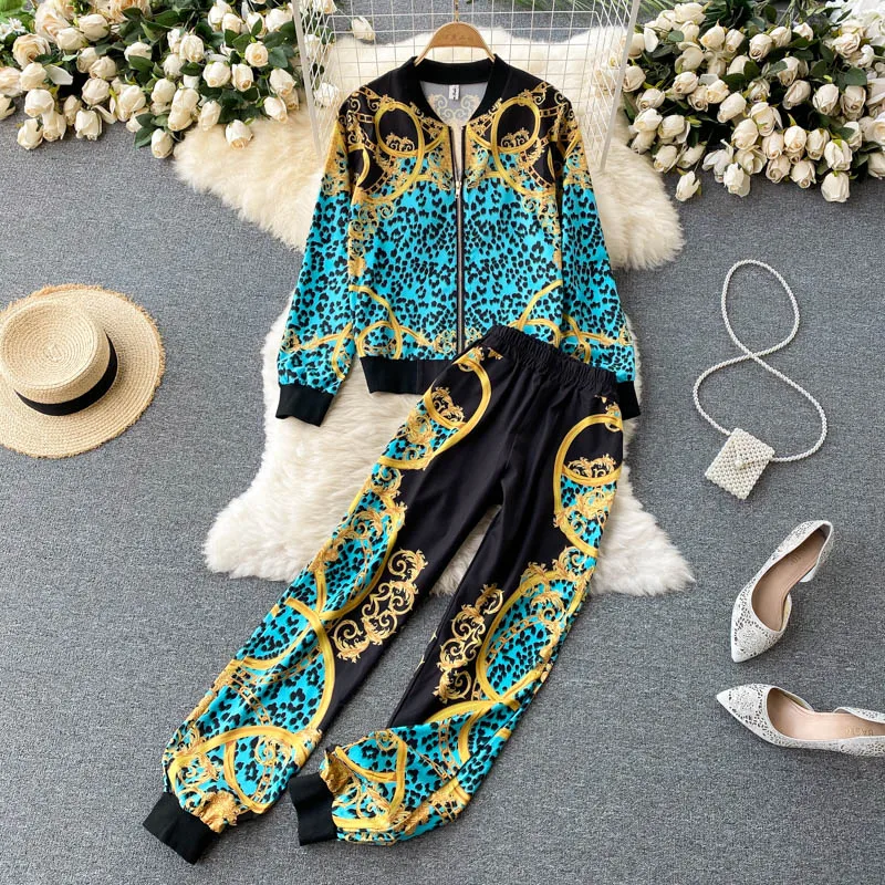 

European women's 2021 new retro leopard print cardigan jacket all-match trousers two-piece suit