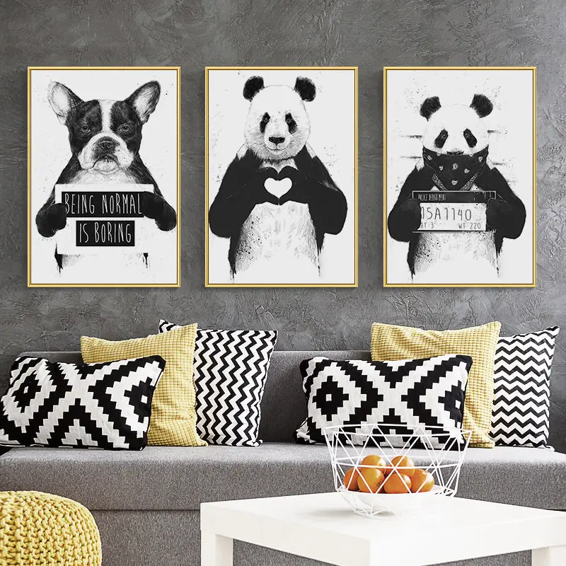 

Cartoon Animal Poster Minimalist Black White Picture Cute Panda Dog Home Decor Nordic Canvas Painting Wall Art Print Living Room