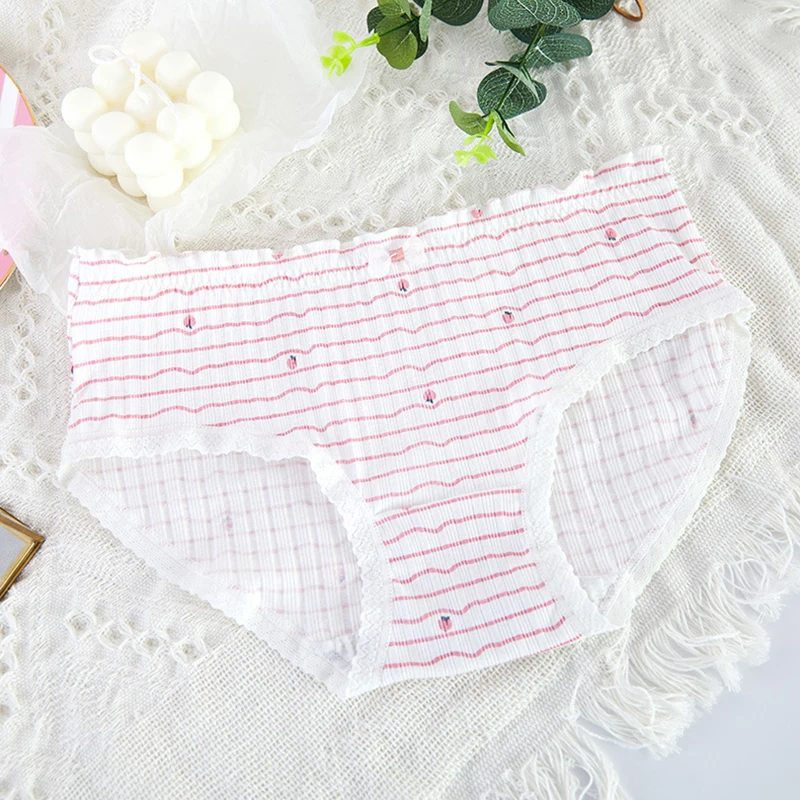 

Peach Print Skin Friendly Soft Women's Underwear Lovely Sexy Middle-Waisted Lingerie Cotton Panties Breathable Striped Briefs