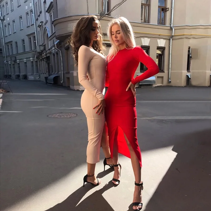 2019 Осень Женские платья зима сексуальное Облегающее с длинным рукавом сплошное