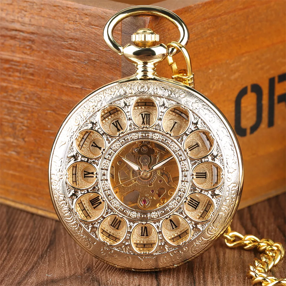 

Gold Flower Skeleton Mechanical Pocket Watch Roman Numerals Display Pendant Clock with Thick Chain Manual Mechanism Timepiece