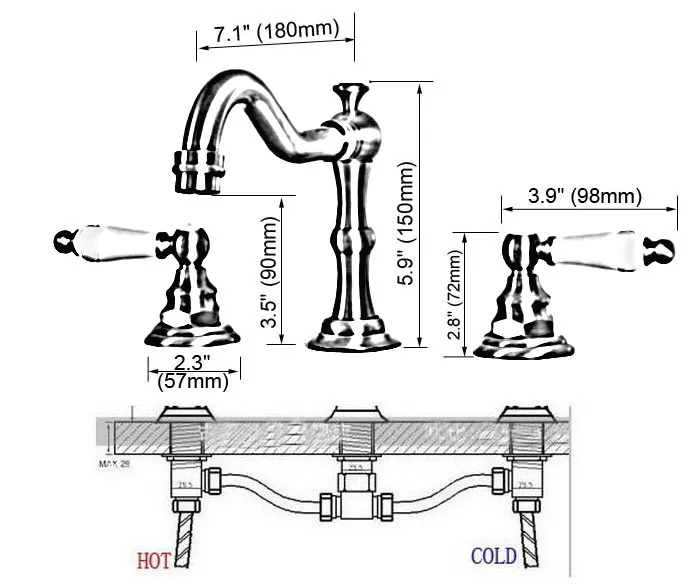 Бронзовый Смеситель для раковины с масляной резинкой 3 отверстиями |