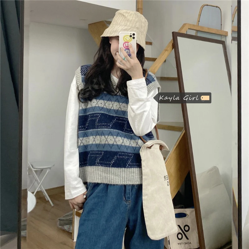 

2021 Korean Fresh Vest Sweaters Women Spring Autumn Fashion Retro Plaid Hit Color Sleeveless Pullovers Female Chic Loose Tops