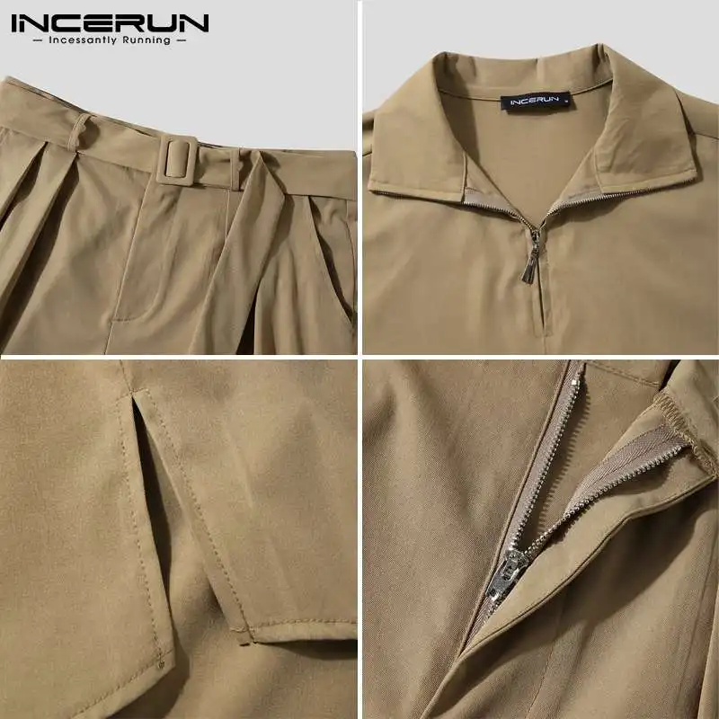 

Fashion Men Sets Solid Streetwear 2021 Long Sleeve Zipper Pullover Casual Shorts With Belt Two Pieces Men Suits INCERUN S-5XL