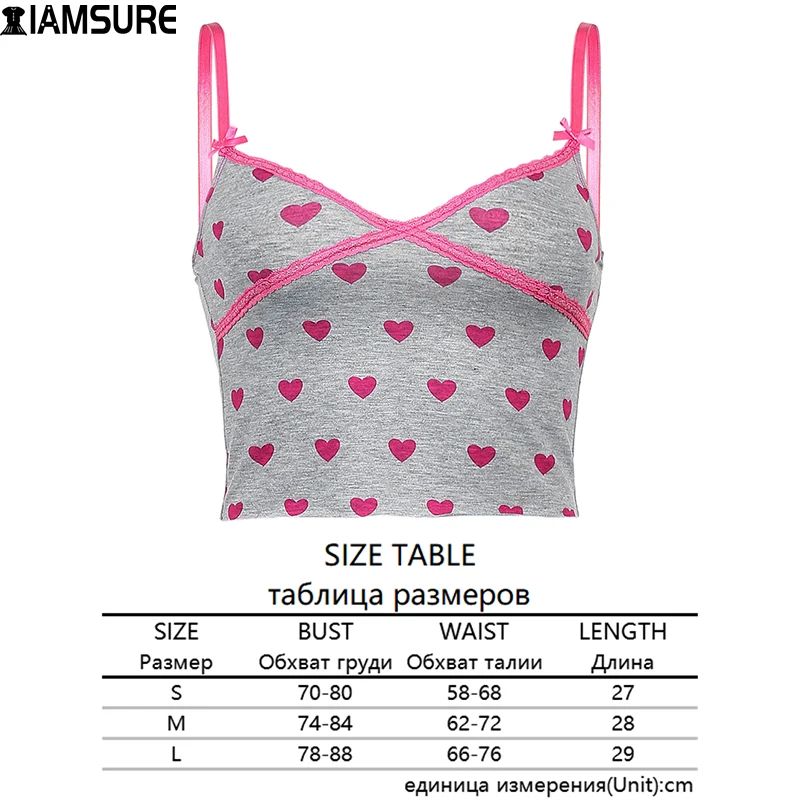 

IAMSURE Heart Shaped Print Camisole Femme Sweet Girl Lace Trim Tank Top Cute V-Neck Sleeveless Spaghetti Strap Crop Tops Summer