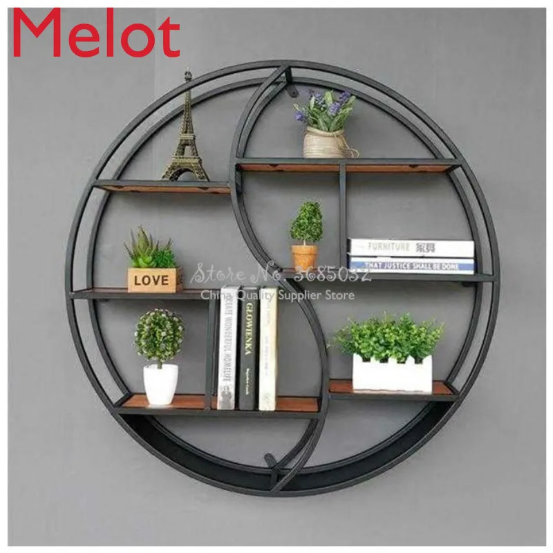

European style living room wall hanging rack creative solid wood shelf partition wall round display decorative frame 80cm