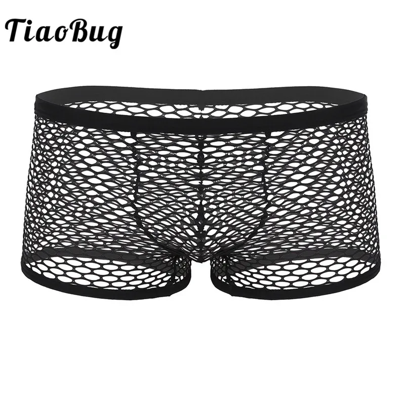 

TiaoBug Men Fishnet Lingerie Breathable Mesh See Through Sheer Low Rise Boxer Briefs Hot Sexy Male Gay Underwear Panties