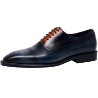 classic mens oxford genuine leather shoes blue square head brogue lace up wedding office leather shoes