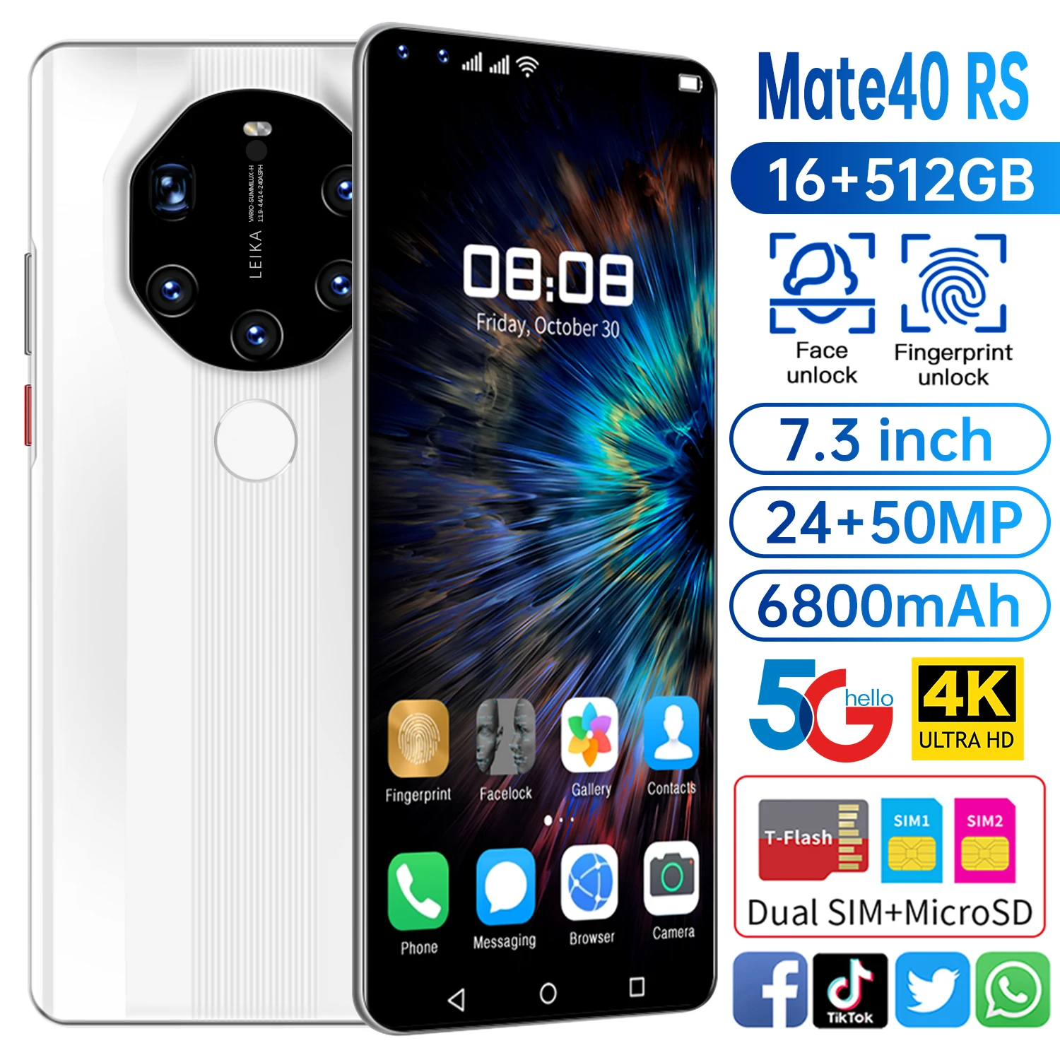 Глобальная версия HUAWE Mate40 RS смартфон 7 3 дюймов полный Экран Deca Core размер экрана 6800