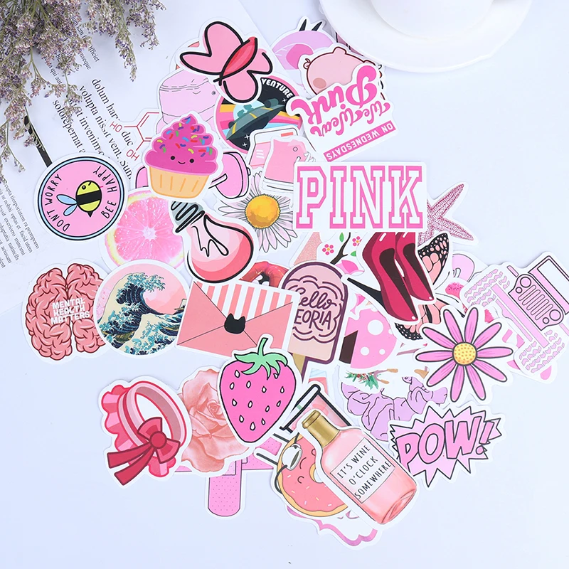 

50Pcs Kawaii Pink Fun Cartoon Pink INS Style Vsco Girl Stickers For Laptop Moto Skateboard Luggage Refrigerator Toy Sticker