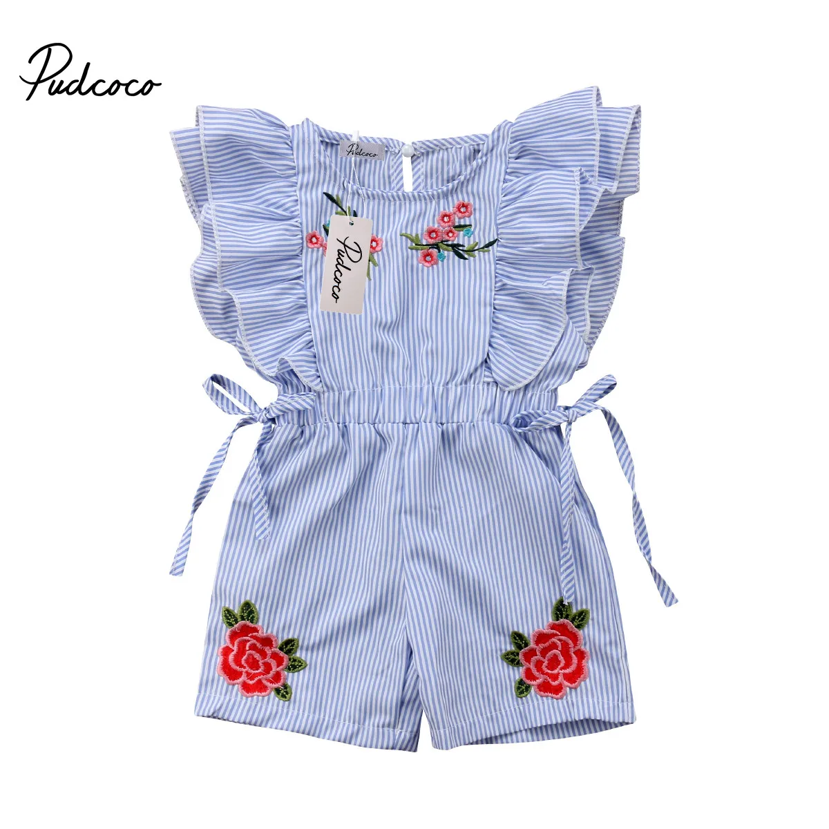 

Cute Summer Toddler Baby Girl Romper Short Petal Sleeve Elastic Waist Floral Print Striped Blue Lace UP Jumpsuits