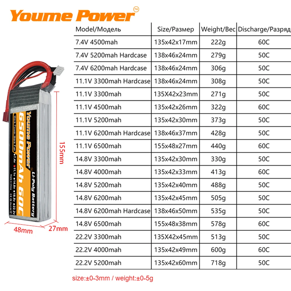 Clearance 2pcs Youme 2S 3S 4S lipo battery 3300mah 4500mah 5200mah 6200mah 6500mah with Deans T XT60 plug for RC Car Drone Boat Игрушки и