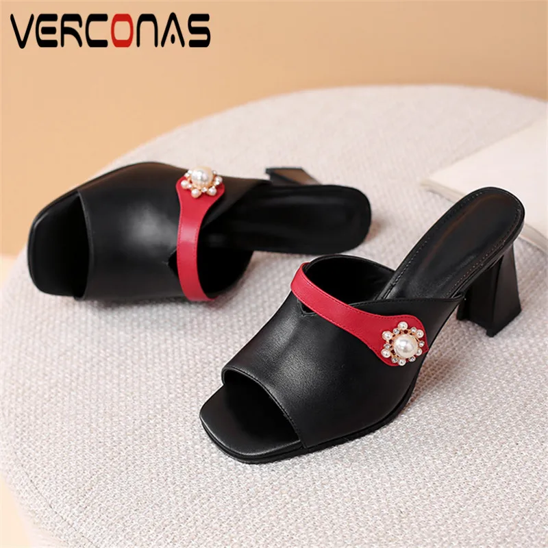 Женские босоножки на высоком квадратном каблуке VERCONAS черные туфли лодочки из