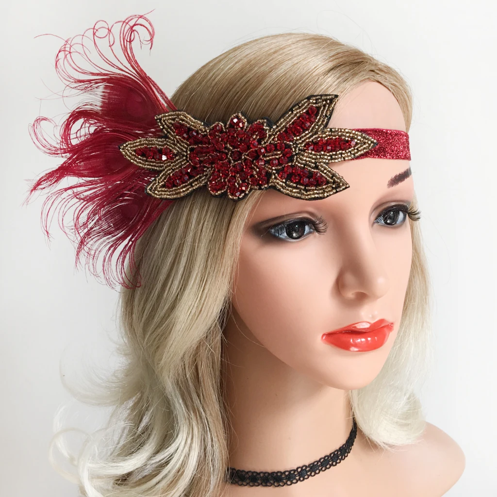 

Ladies Red Headband Hair Band 1920s Elastic Headband Headband Feathers