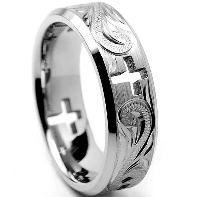 

7MM Titanium Ring Wedding Band with Cross Cut Out and Engraved Floral Design Anniversary Ring Men Women Engagement Ring Jewelry