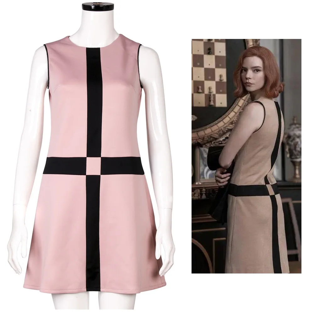 

The Queen's Gambit Dress Costume Retro Khaki Black Pink Cross Beth Harmon Dresses Lovely Beth Lady One-piece Dresses