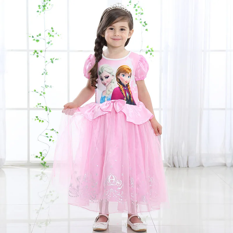 Розовое летнее платье для девочек принцесса Эльзы яркая детская цельная одежда