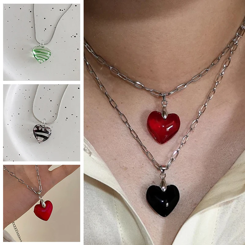 

Love Pendant Necklace Korean Fashion Colorful Heart Pendant Necklaces For Women Femme Bijoux Girls Gift Simple Clavicle Jewelry