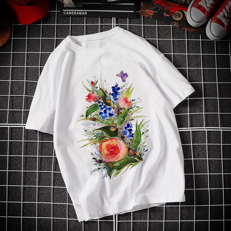 

Women's T-shirt colorful flower Fashion Print T-shirt Ladies Casual Harajuku Graphic T-shirt Short Sleeve beauful flower Tshirt