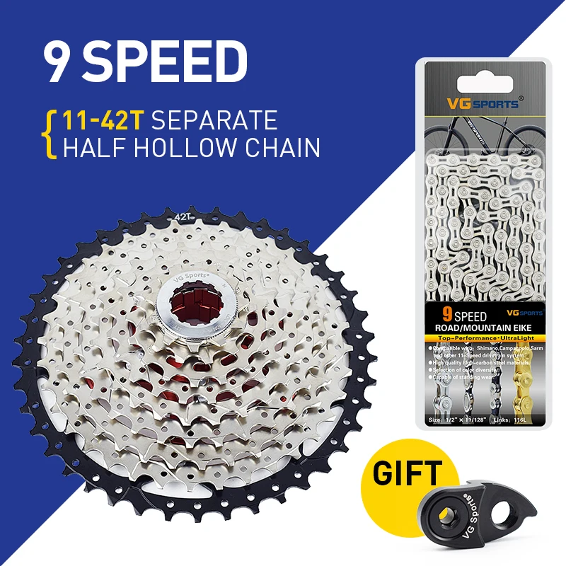 9 speed 11-42T set VG Спорт 9 10 11 скорость горный велосипед Сверхлегкий кассета отдельные свободного хода MTB цепи велосипеда серебро половина полые 116L набор - Цвет: 9 speed 11-42T set