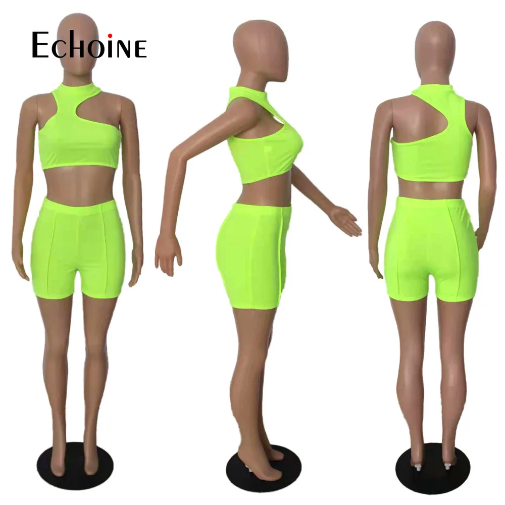 

Echoine Women Fluorescent color Sport Two Piece Set One Shoulder Slim Fit Crop Top and Stretchy Biker Short Streetwear Club Suit