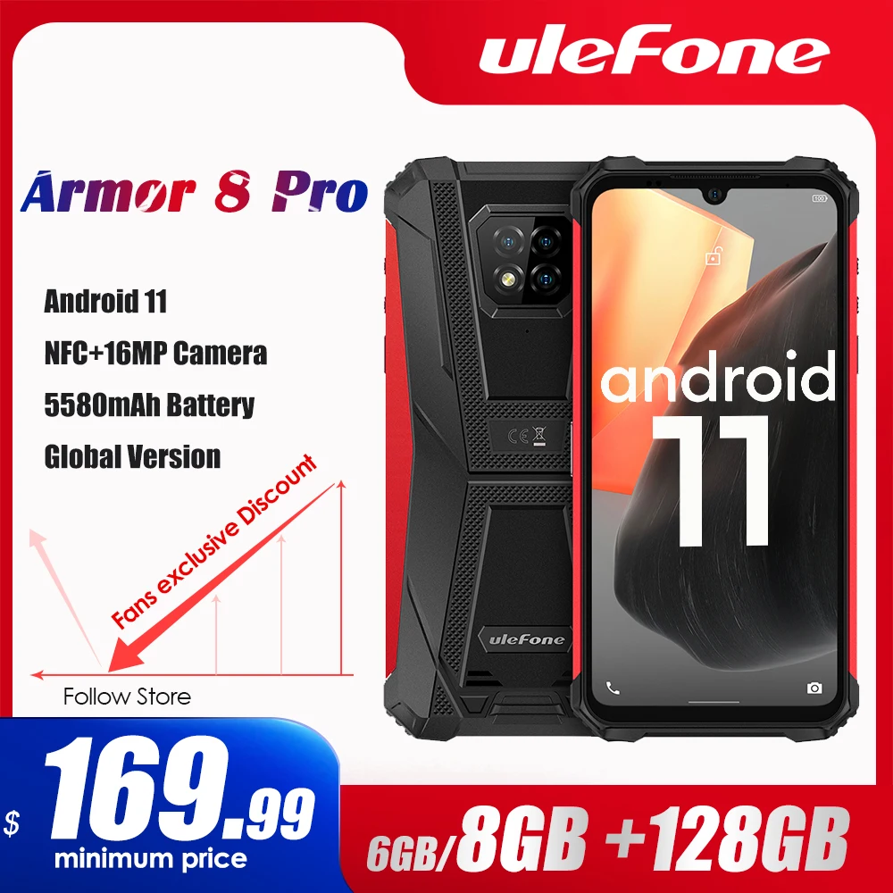 Ulefone Armor 8 Pro прочный смартфон Android 11 6 ГБ + 128 Гб NFC/ip68/IP69K 5580mAh Водонепроницаемый