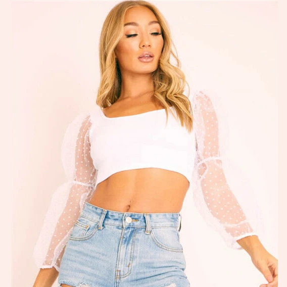 Сексуальная женская прозрачная сетчатая блузка в горошек пышная рубашка с