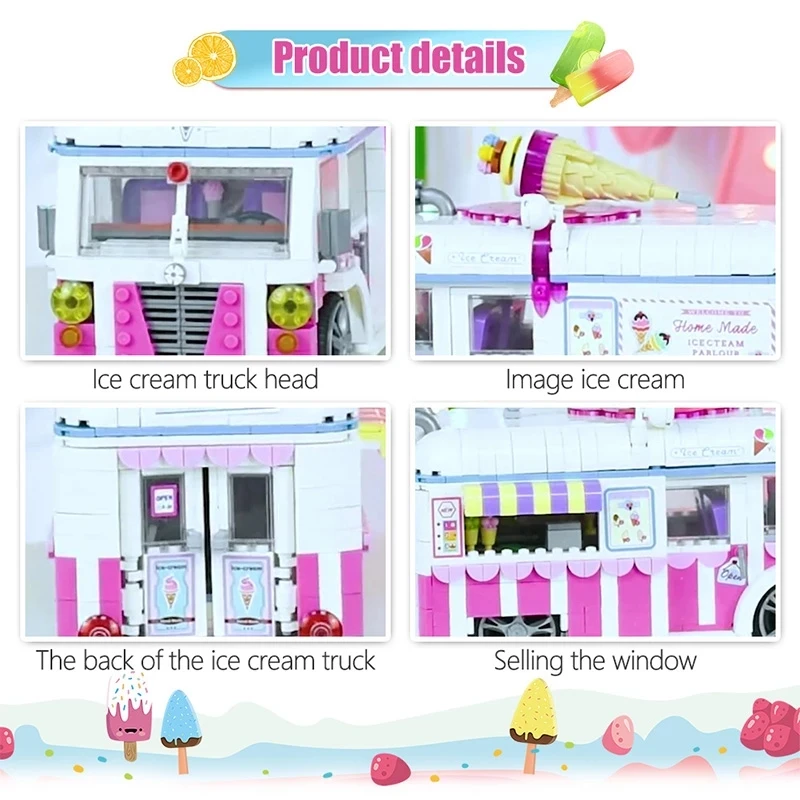 

1244pcs Ice Cream Van Pink Car Building Blocks Toys Mini Cake Bus Truck Model Educational Bick Toy Creator Friends Children Gift
