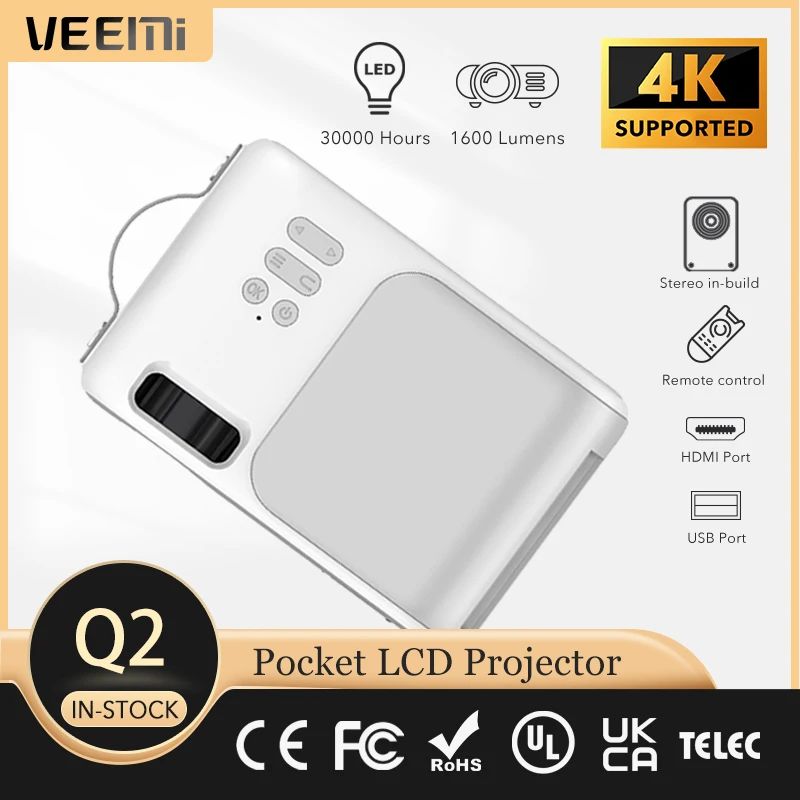 

VEEMI Q2 Mini Projector 1600 Lumens Support 1080p Standard Version Beamer Portable LED Projectors Home Theater Cinema Movie Game